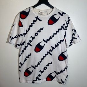 Champion Heritage White Short Sleeve Tee With Retro Logo Print All Over Shirt- M